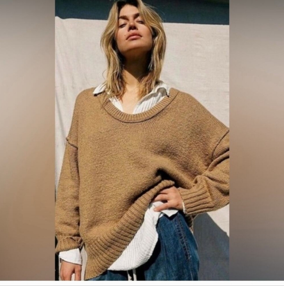 Free People Oversized Tunic Sweater Size L Desert Camel Slouchy